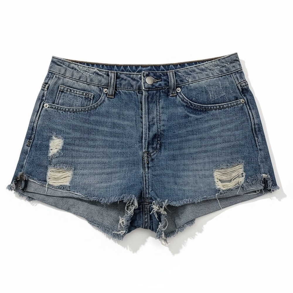 HM Womens Size 8 Distressed Denim Shorts Blue Button‎ Fly Cut Off Raw Hem Summer